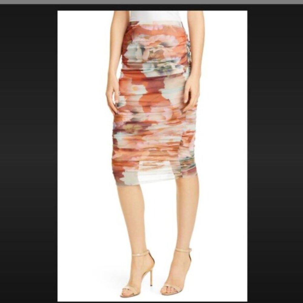 Fuzzi Multicolor Floral Mesh Ruched Pull On Skirt Made In Italy Skirt M NWT